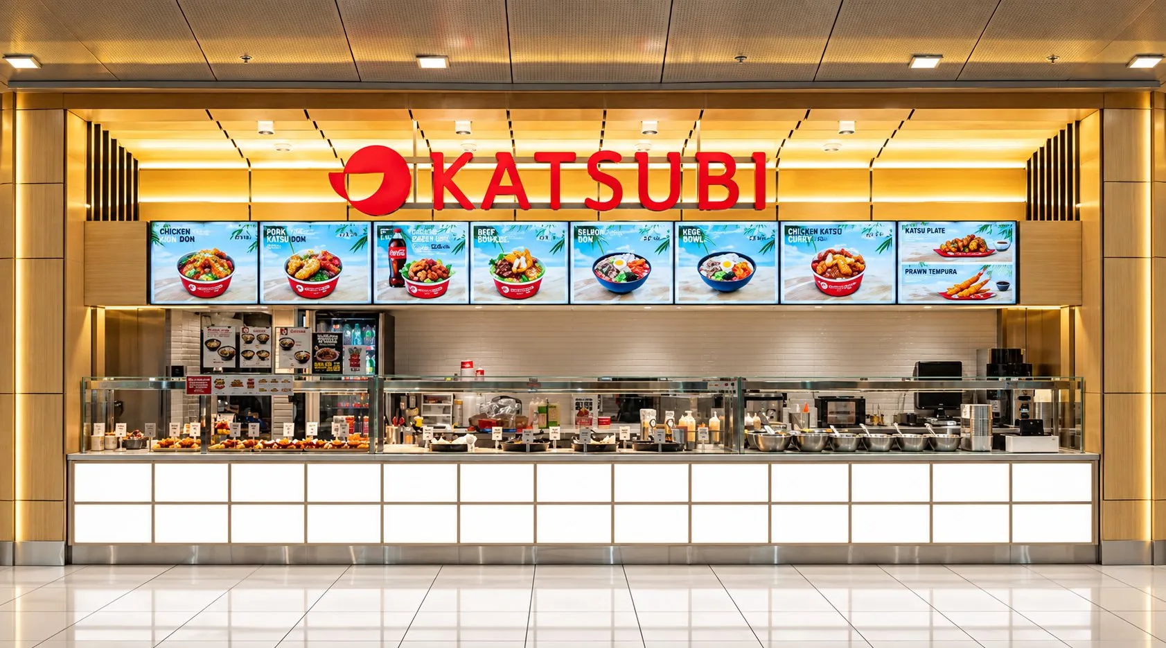 Finished food-court frontage with a service counter, menu screens and illuminated Katsubi signage.